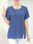 Casual Embroidery Round Neck Vented Short Sleeve T-Shirt