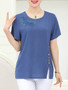 Casual Embroidery Round Neck Vented Short Sleeve T-Shirt