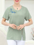 Casual Embroidery Round Neck Vented Short Sleeve T-Shirt