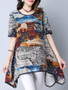 Casual Asymmetric Hem Graffiti Round Neck Short Sleeve T-Shirt