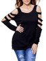 Casual Open Shoulder Cutout Plain Long Sleeve T-Shirt