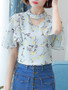Casual Band Collar Cutout Floral Cape Sleeve Blouse
