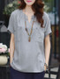 Casual Split Neck Patch Pocket Plain Short Sleeve T-Shirt