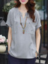 Casual Split Neck Patch Pocket Plain Short Sleeve T-Shirt