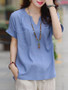 Casual Split Neck Patch Pocket Plain Short Sleeve T-Shirt