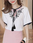 Casual Round Neck Contrast Trim Tassel Embroidery Short Sleeve T-Shirt