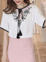 Casual Round Neck Contrast Trim Tassel Embroidery Short Sleeve T-Shirt