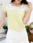 Casual Round Neck Rhinestone Decorative Lace Puff Short Sleeve T-Shirt