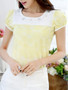 Casual Round Neck Rhinestone Decorative Lace Puff Short Sleeve T-Shirt