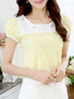 Casual Round Neck Rhinestone Decorative Lace Puff Short Sleeve T-Shirt