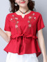 Casual Split Neck Ruffle Trim Embroidery Short Sleeve T-Shirt