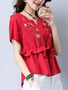 Casual Split Neck Ruffle Trim Embroidery Short Sleeve T-Shirt