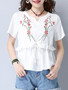 Casual Split Neck Ruffle Trim Embroidery Short Sleeve T-Shirt