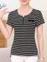 Casual Split Neck Decorative Button Striped Short Sleeve T-Shirt