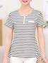 Casual Split Neck Decorative Button Striped Short Sleeve T-Shirt