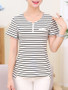 Casual Split Neck Decorative Button Striped Short Sleeve T-Shirt