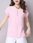 Casual Split Neck Decorative Button Plain Cuffed Short Sleeve T-Shirt