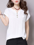 Casual Split Neck Decorative Button Plain Cuffed Short Sleeve T-Shirt