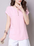 Casual Split Neck Decorative Button Plain Cuffed Short Sleeve T-Shirt