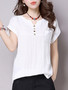 Casual Split Neck Decorative Button Plain Cuffed Short Sleeve T-Shirt