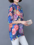 Casual Tropical Split Neck Printed Roll-Up Sleeve Blouse