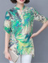 Casual Tropical Split Neck Printed Roll-Up Sleeve Blouse