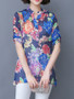 Casual Tropical Split Neck Printed Roll-Up Sleeve Blouse