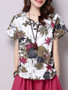 Casual Split Neck Flower Leaf Printed Short Sleeve T-Shirt