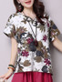 Casual Split Neck Flower Leaf Printed Short Sleeve T-Shirt