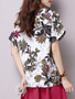 Casual Split Neck Flower Leaf Printed Short Sleeve T-Shirt