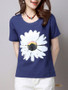 Casual Round Neck Big Flower Printed Short Sleeve T-Shirt