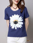 Casual Round Neck Big Flower Printed Short Sleeve T-Shirt