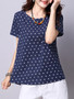 Casual Round Neck Patch Pocket Polka Dot Short Sleeve T-Shirt