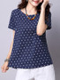 Casual Round Neck Patch Pocket Polka Dot Short Sleeve T-Shirt