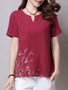 Casual Split Neck Embroidery Short Sleeve T-Shirt