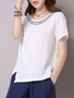 Casual Round Neck Asymmetric Hem Vented Embroidery Short Sleeve T-Shirt