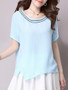 Casual Round Neck Asymmetric Hem Vented Embroidery Short Sleeve T-Shirt