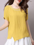 Casual Round Neck Asymmetric Hem Vented Embroidery Short Sleeve T-Shirt