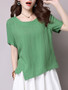 Casual Round Neck Asymmetric Hem Vented Embroidery Short Sleeve T-Shirt