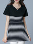 Casual Split Neck Striped Short Sleeve T-Shirt