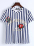 Casual Floral-Patch Letters Vertical Striped Short Sleeve T-Shirt