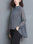 Casual Doll Collar Hollow Out Striped High-Low Long Sleeve T-Shirt