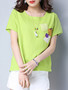Casual Short Sleeve Decorative Patch Round Neck Blouse