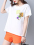 Casual Short Sleeve Decorative Patch Round Neck Blouse