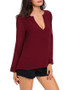 High-Low Split Neck Hollow Out Plain Long Sleeve T-Shirt