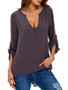 High-Low Split Neck Hollow Out Plain Long Sleeve T-Shirt