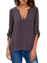 High-Low Split Neck Hollow Out Plain Long Sleeve T-Shirt