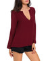 High-Low Split Neck Hollow Out Plain Long Sleeve T-Shirt