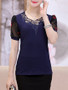 Casual Rhinestone Decorative Lace Hollow Out Short Sleeve T-Shirt