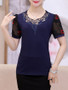 Casual Rhinestone Decorative Lace Hollow Out Short Sleeve T-Shirt